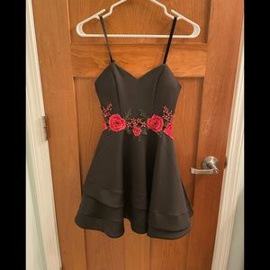 B. Smart Black and Red Floral Embroidery Fit and Flare Party Homecoming Dress